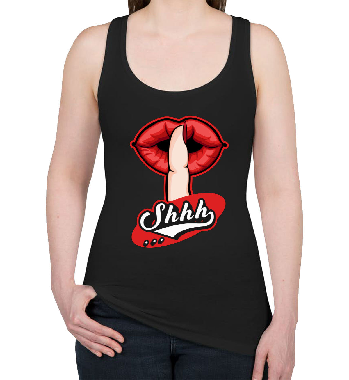 Shhh Silent Gesture With Finger And Red Lips Women's Racerback Tank Top