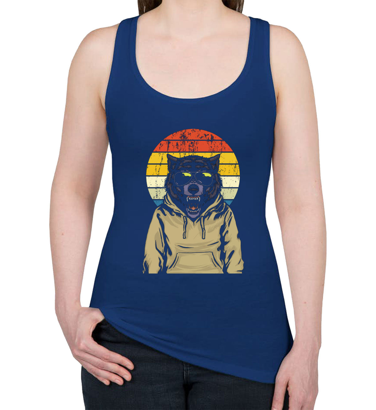 Wolf Retro Sunset Women's Racerback Tank Top