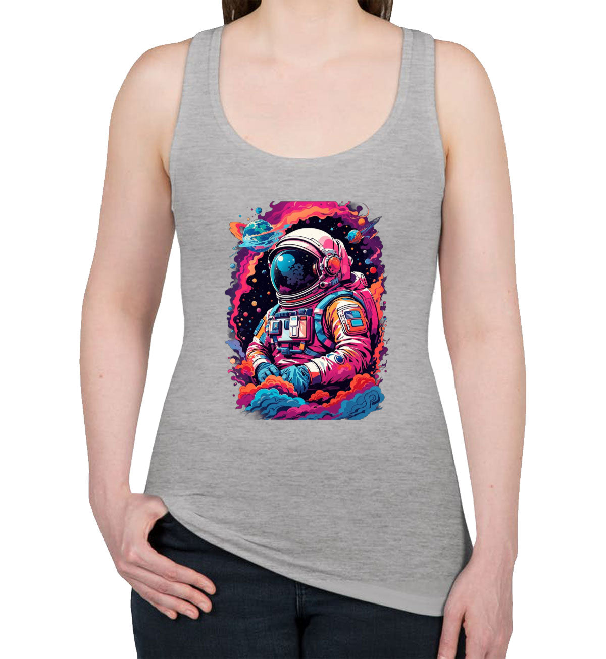 Illustration Colorful Astronaut in the Galaxy Women's Racerback Tank Top