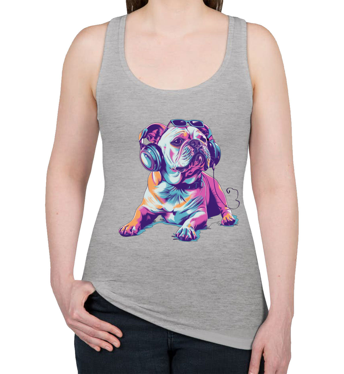 Bulldog With Headphone And Sunglasses Women's Racerback Tank Top