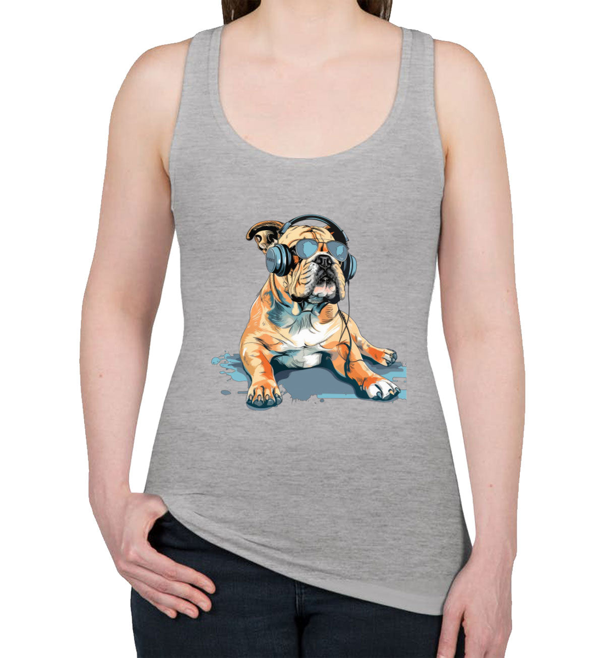 Bulldog With Headphone And Sunglasses Women's Racerback Tank Top