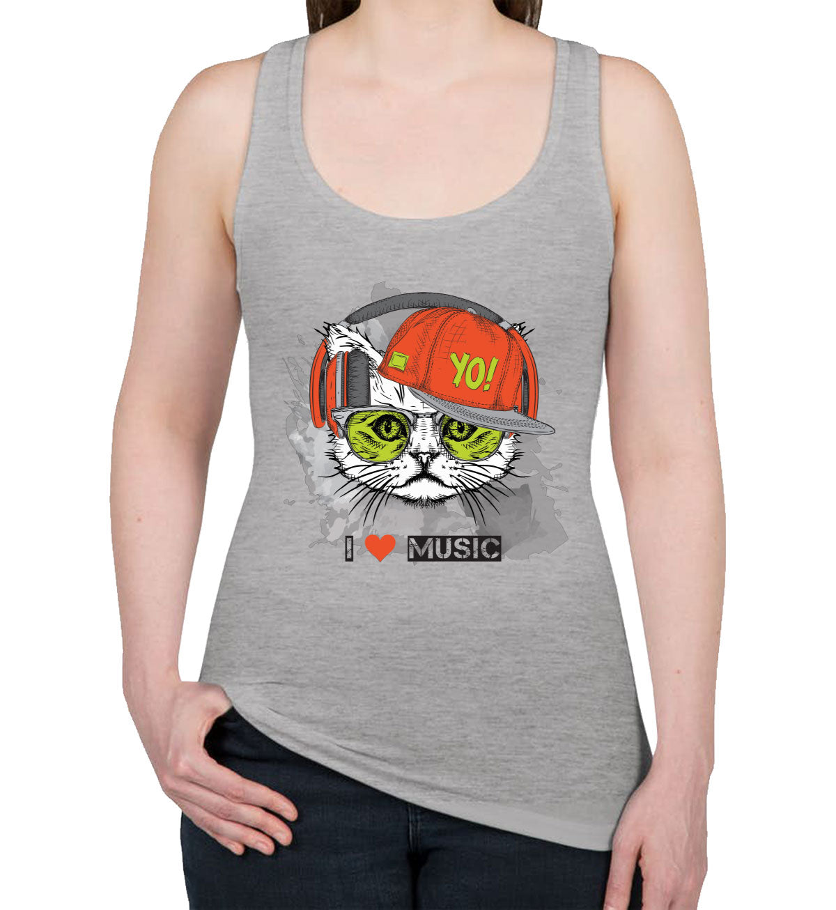 I Love Music Cat With Headphones Women's Racerback Tank Top