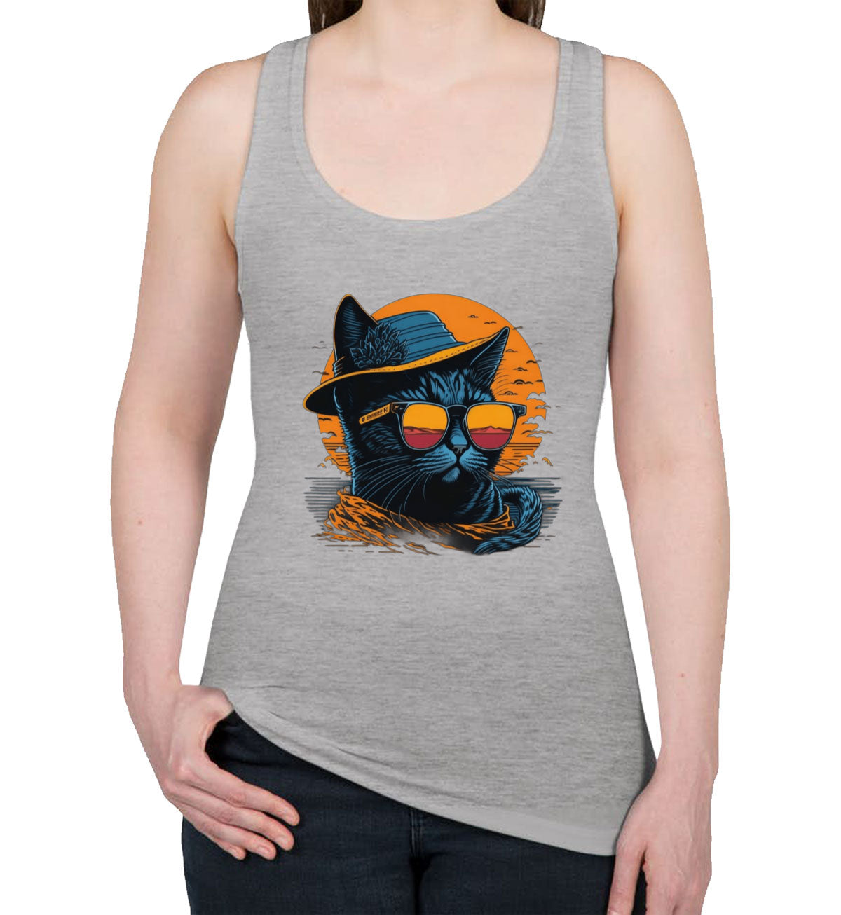 Cool Cat With Hat And Sunglasses Women's Racerback Tank Top