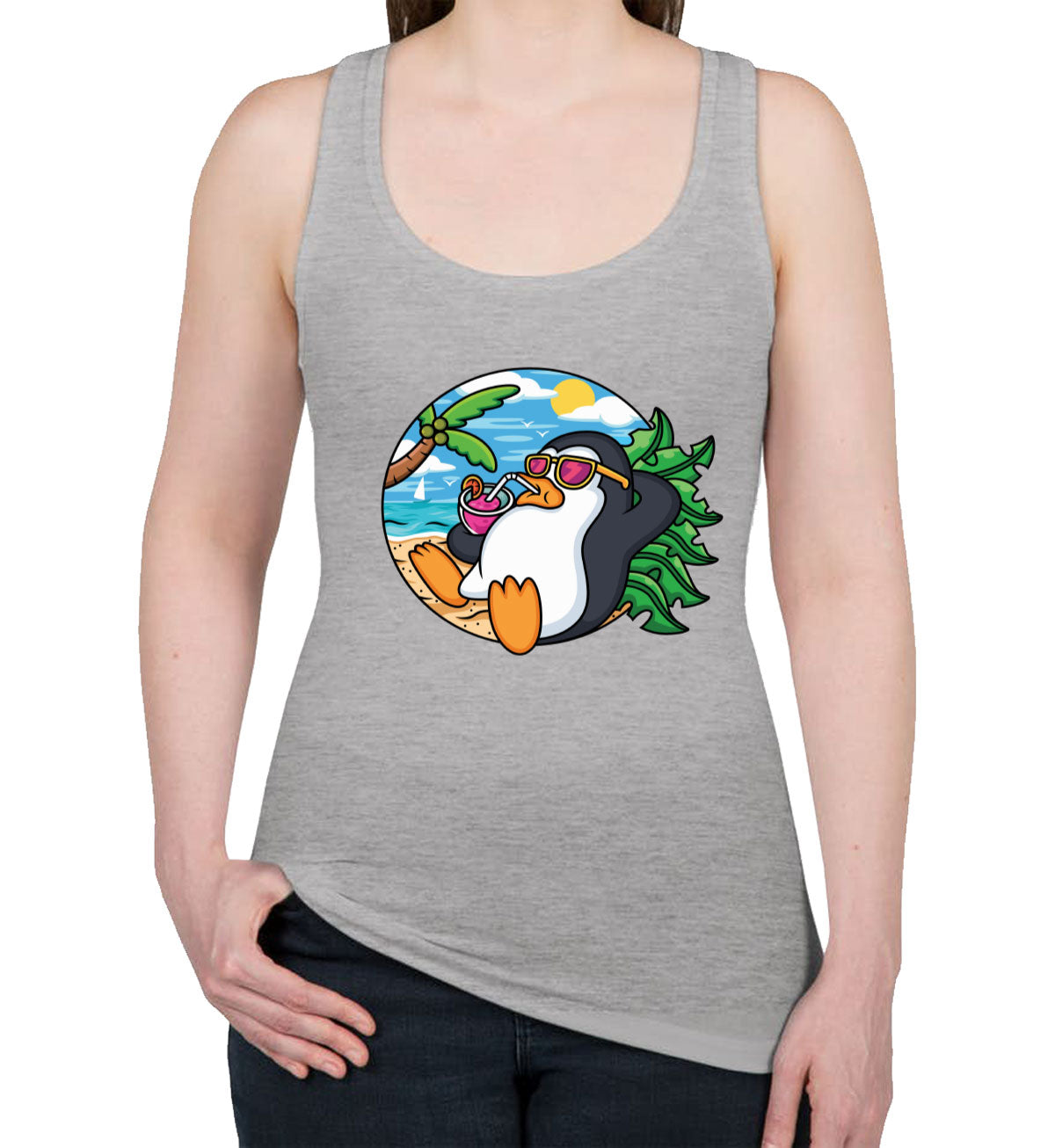 Cartoon Penguin On Vacation Women's Racerback Tank Top