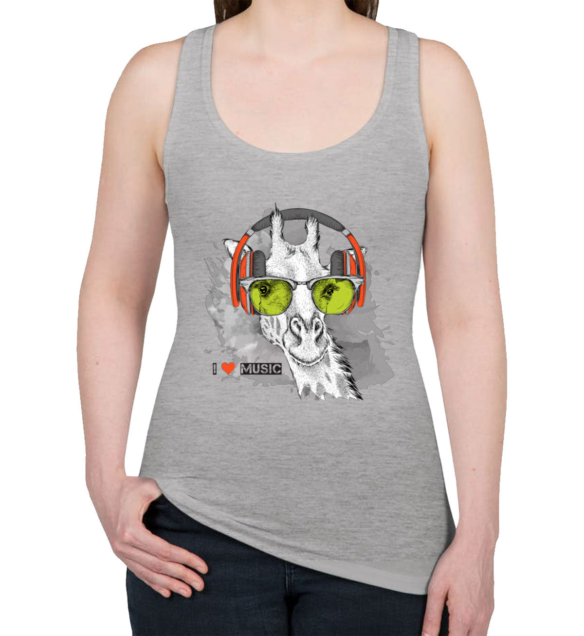 I Love Music Giraffe With Headphones Women's Racerback Tank Top