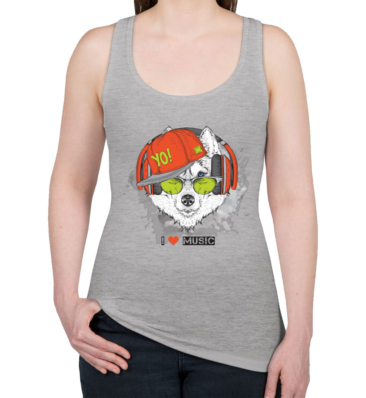 I Love Music Husky With Headphones Women's Racerback Tank Top