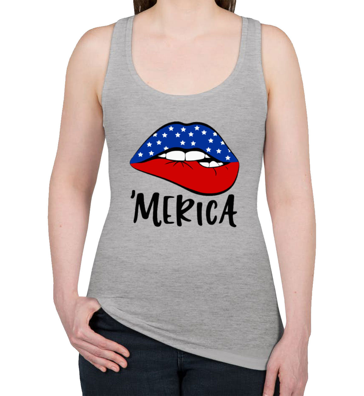 Lipstick Merica American Flag Patriotic Women's Racerback Tank Top