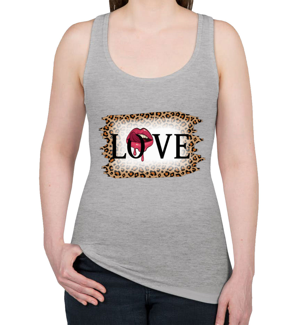 Love Tongue Lipstick Leopard Print Valentine's Day Women's Racerback Tank Top