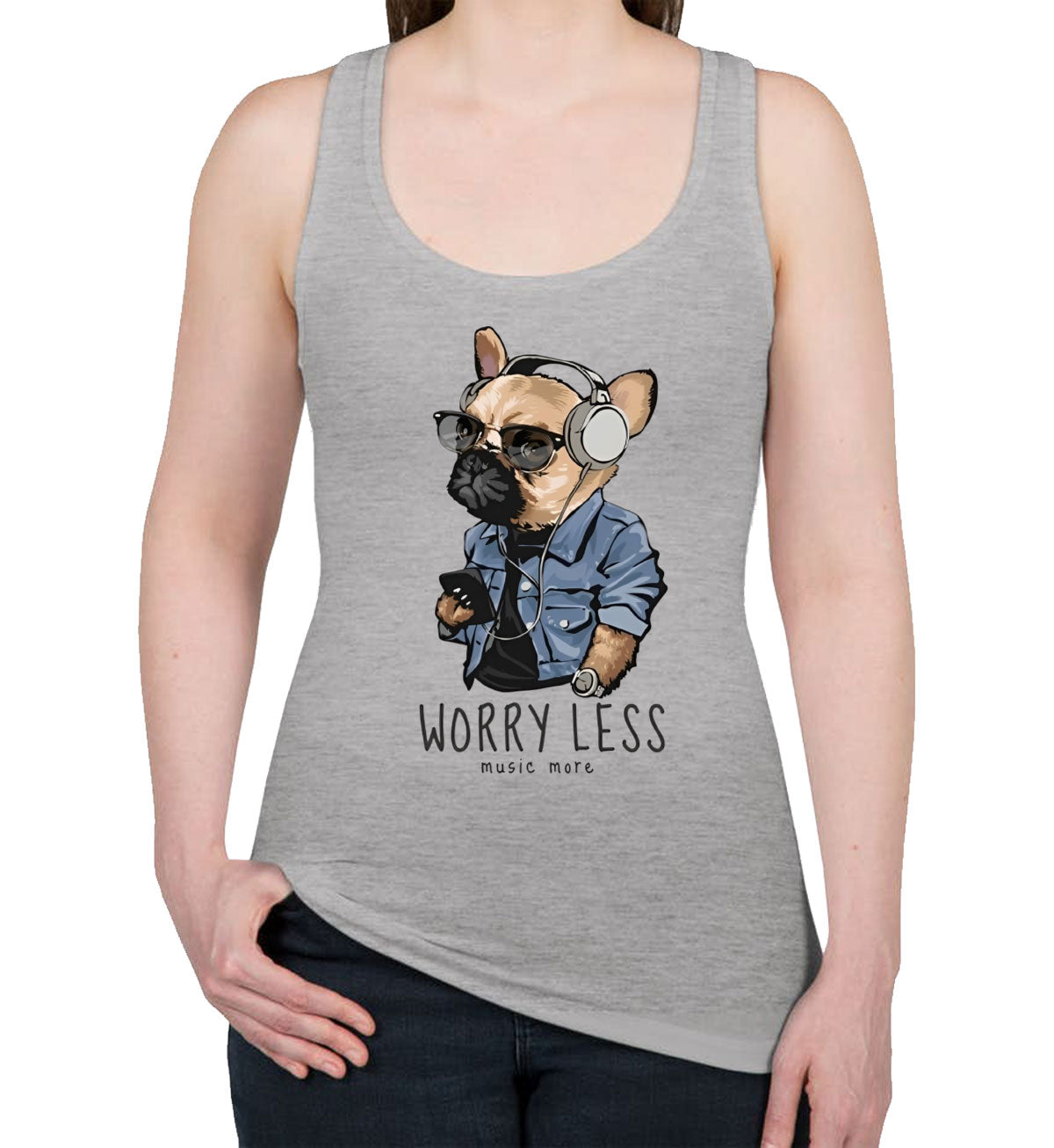 Worry Less Music More Pug Dog Women's Racerback Tank Top