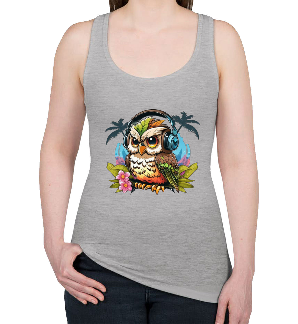 Owl Wearing Headphone Women's Racerback Tank Top