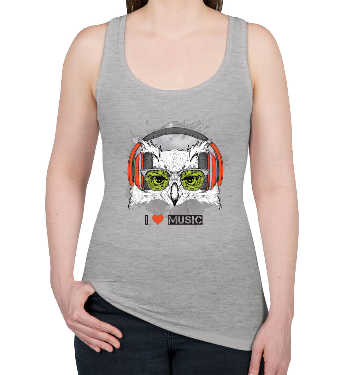 I Love Music Owl With Headphones Women's Racerback Tank Top