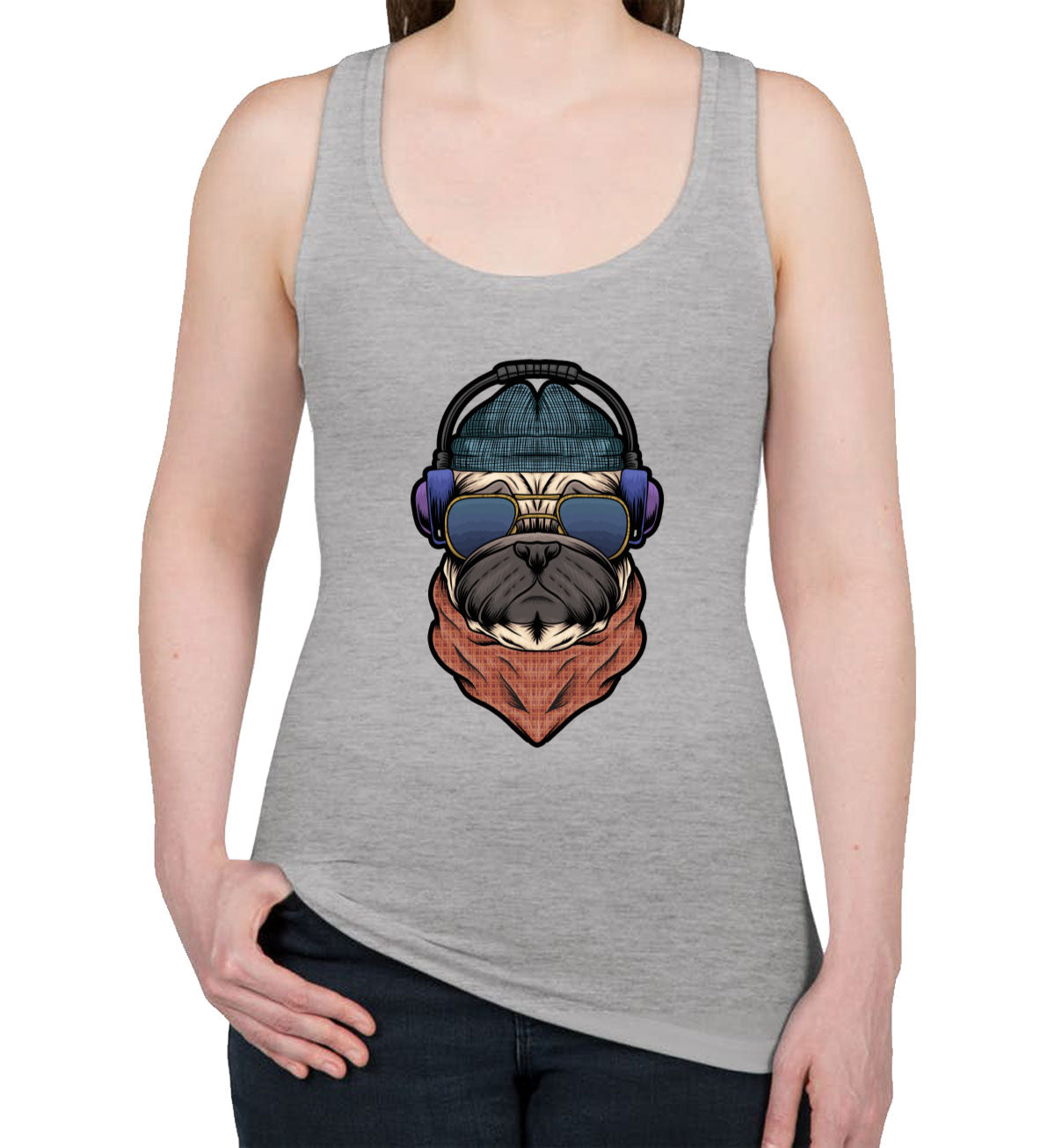 Pug Dog With Headphone Women's Racerback Tank Top