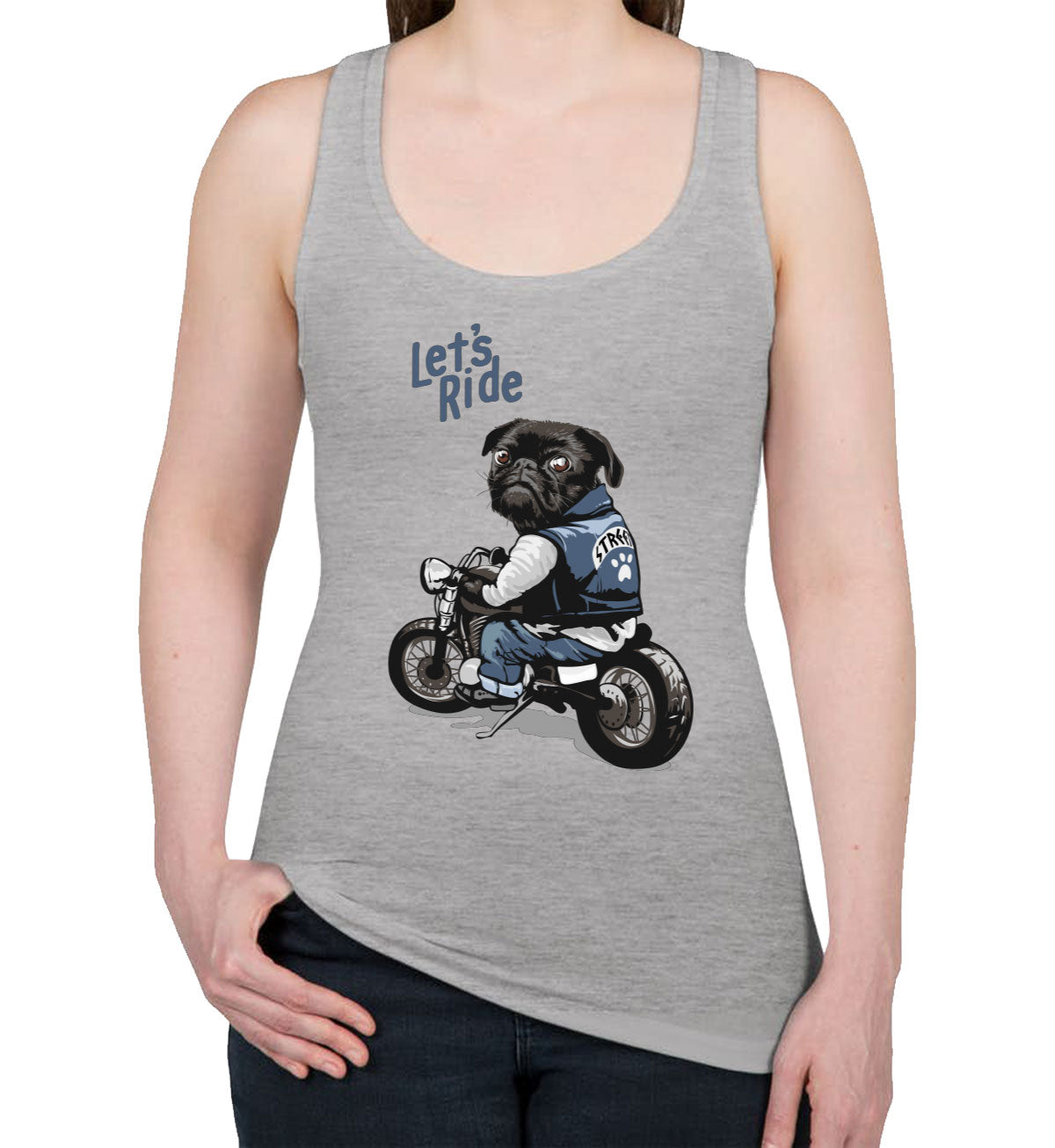 Pug Dog Riding Motorcycle Women's Racerback Tank Top