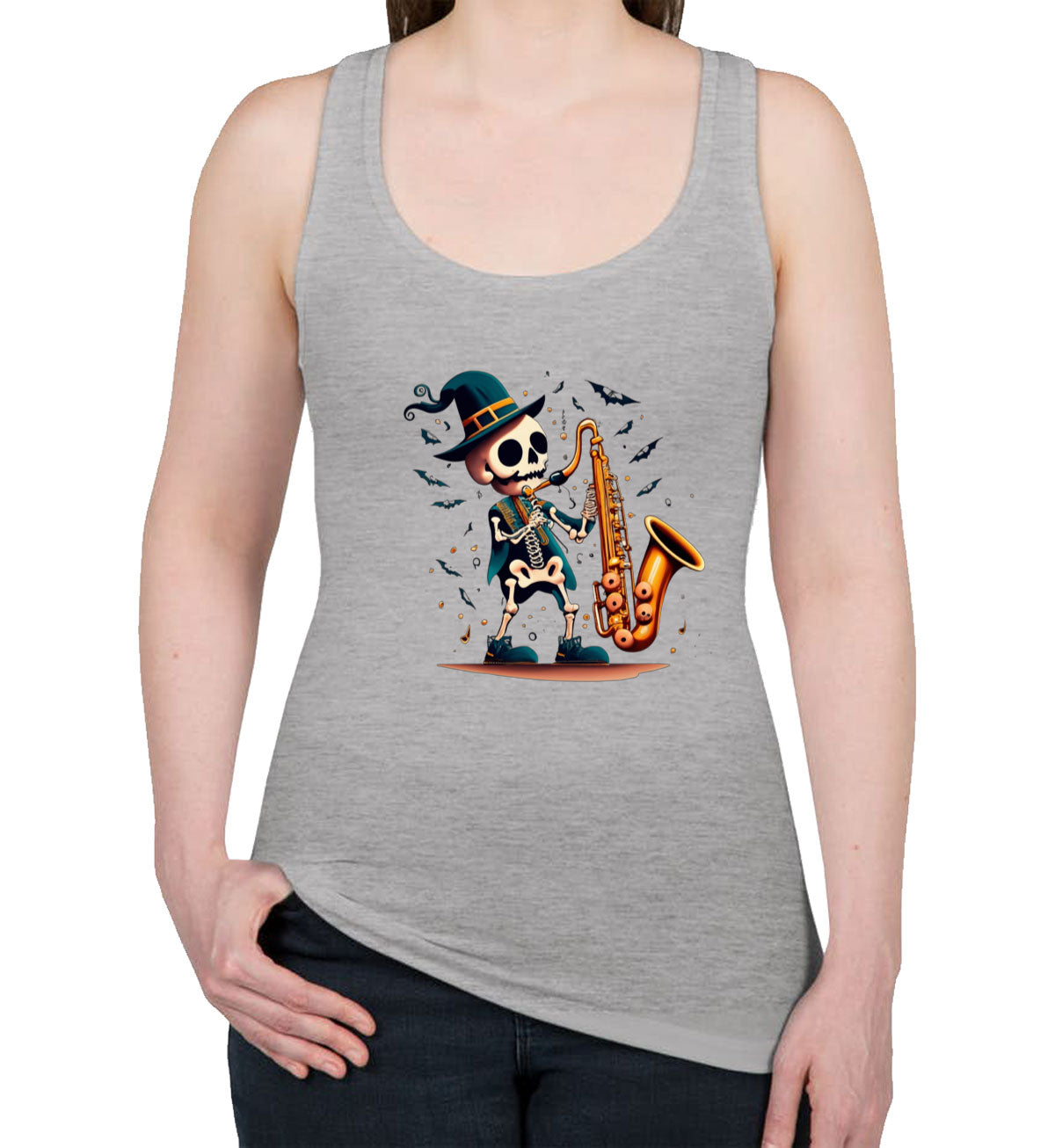 Skeleton Playing Saxophone Women's Racerback Tank Top