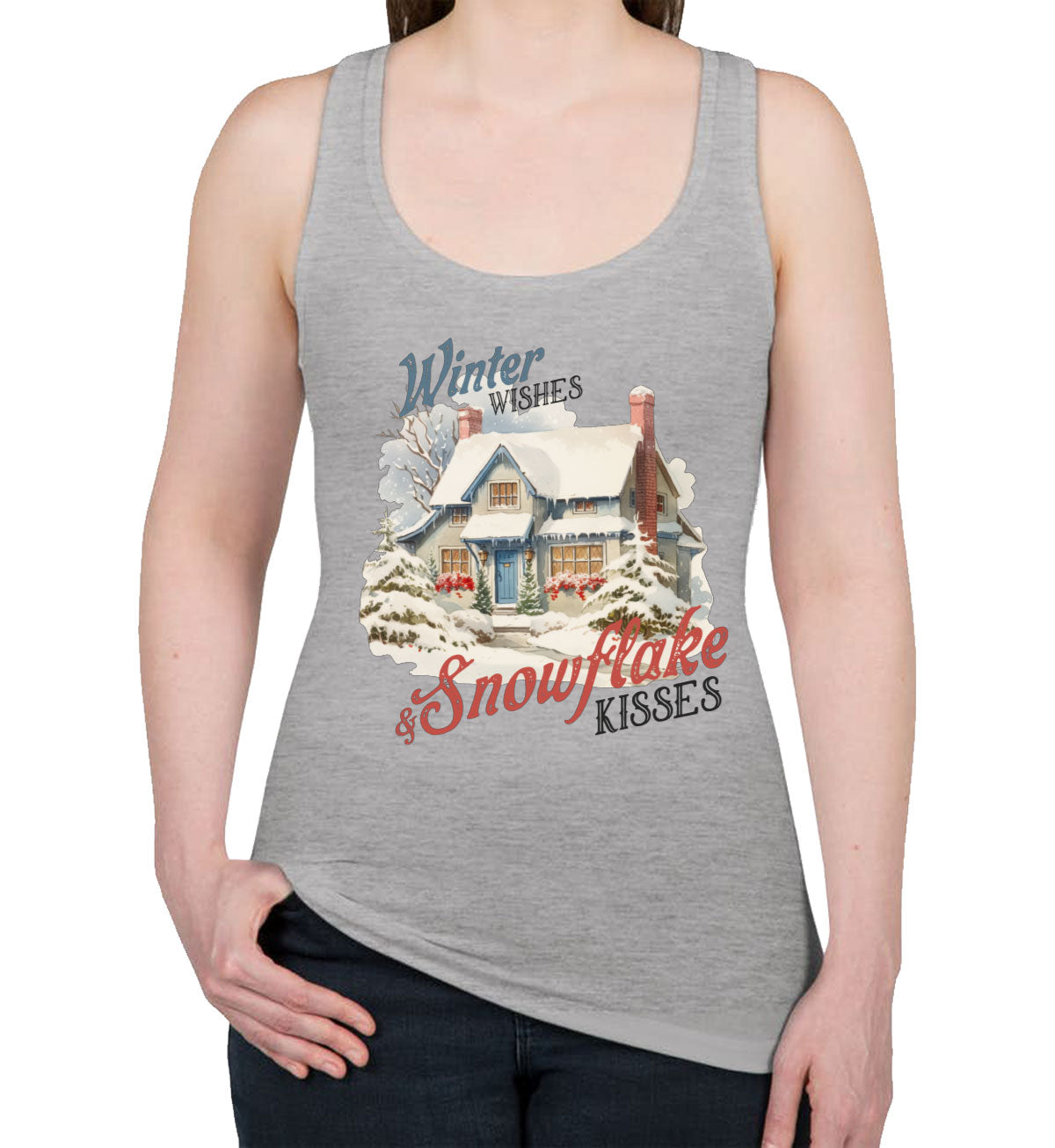 Winter Wishes And Snowflake Kisses Christmas Women's Racerback Tank Top