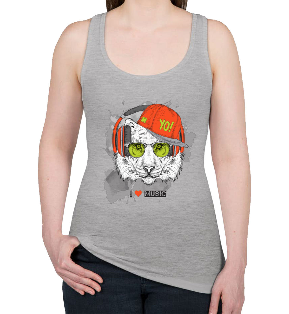 I Love Music Tiger With Headphones Women's Racerback Tank Top