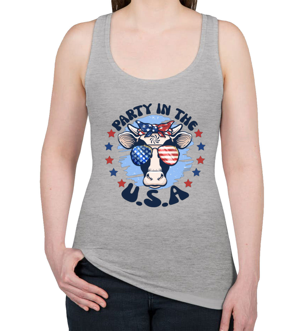 Party In The USA Patriotic American Cow Women's Racerback Tank Top