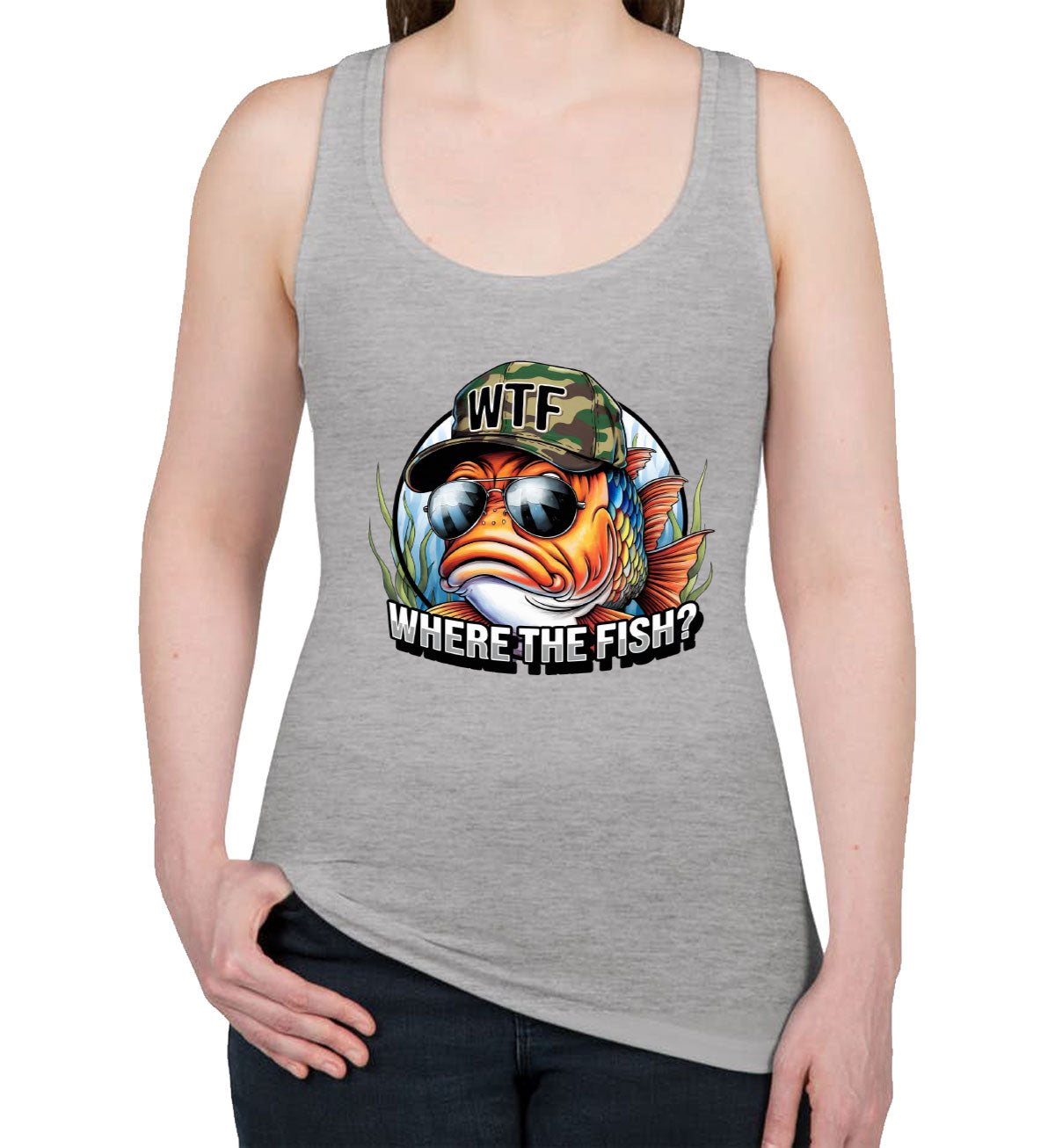 WTF Where The Fish Hunting Bass Fishing Women's Racerback Tank Top