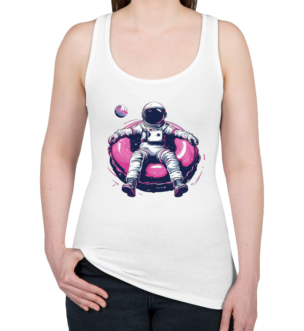 Astronaut On A Pink Float Women's Racerback Tank Top