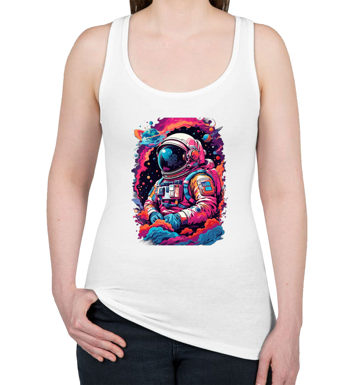 Illustration Colorful Astronaut in the Galaxy Women's Racerback Tank Top