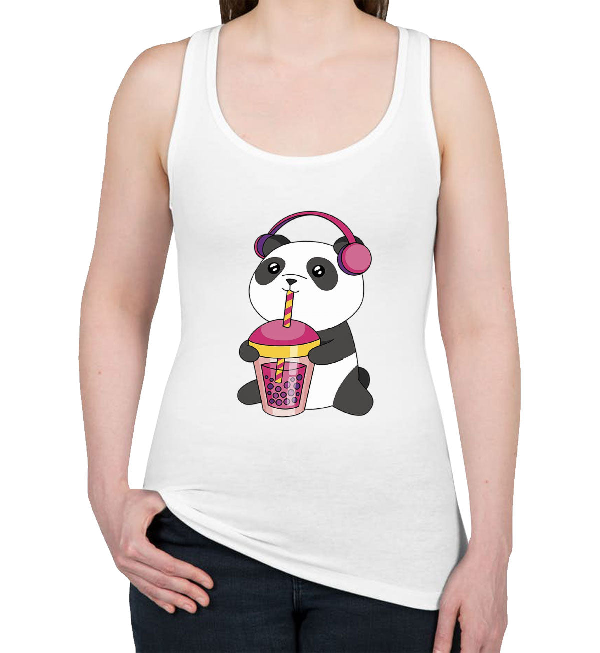 Panda Drinking Bubble Tea Women's Racerback Tank Top