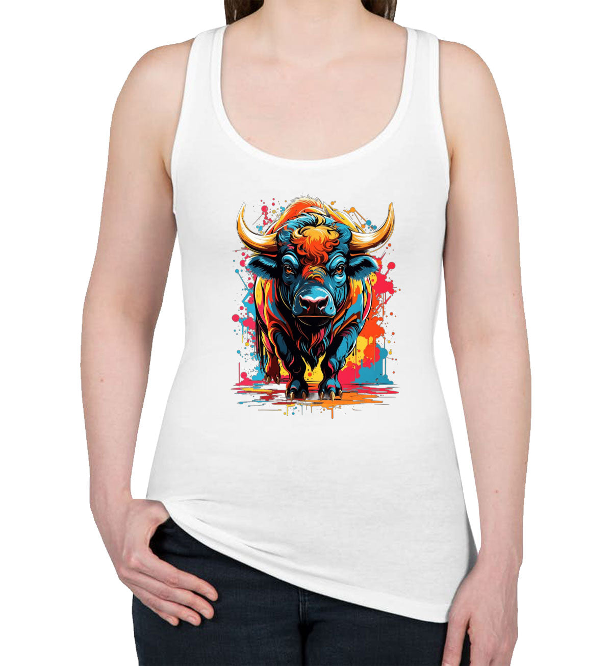 Illustration Colorful Bull Women's Racerback Tank Top