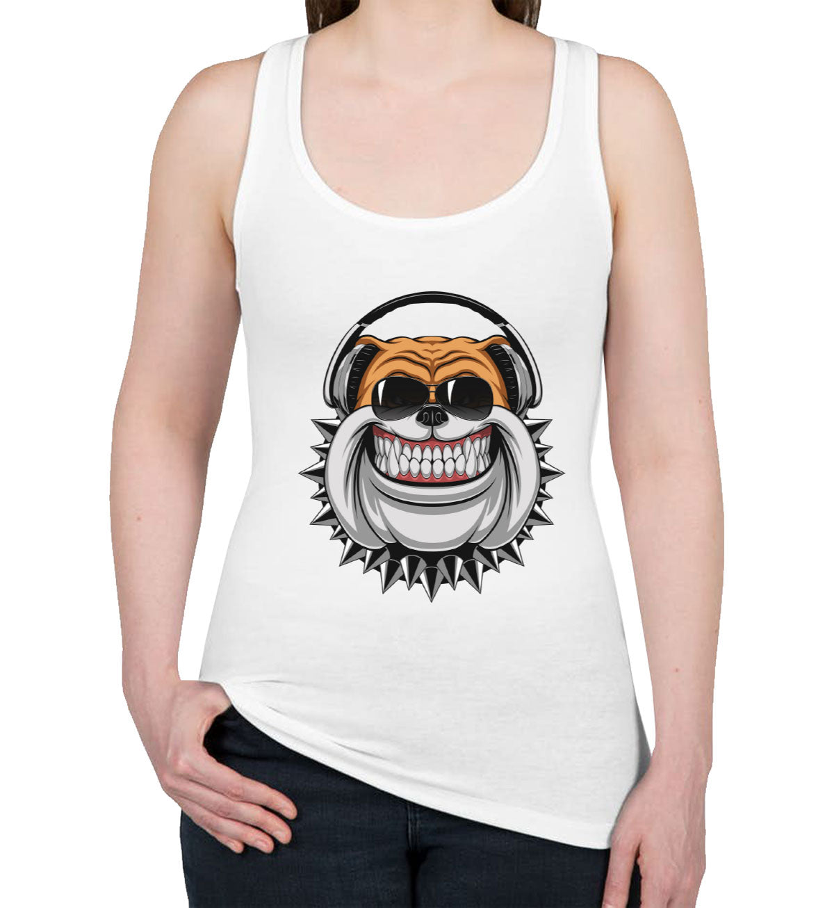 Bulldog With Headphone Cartoon Women's Racerback Tank Top