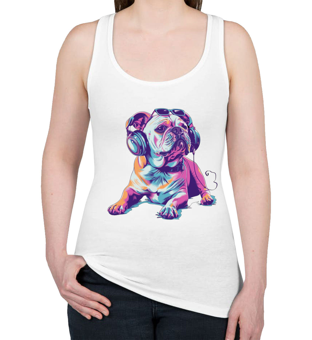 Bulldog With Headphone And Sunglasses Women's Racerback Tank Top