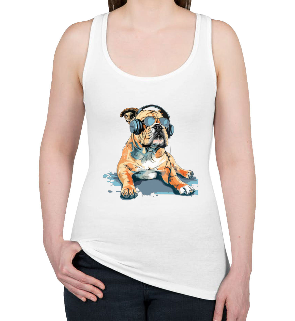 Bulldog With Headphone And Sunglasses Women's Racerback Tank Top