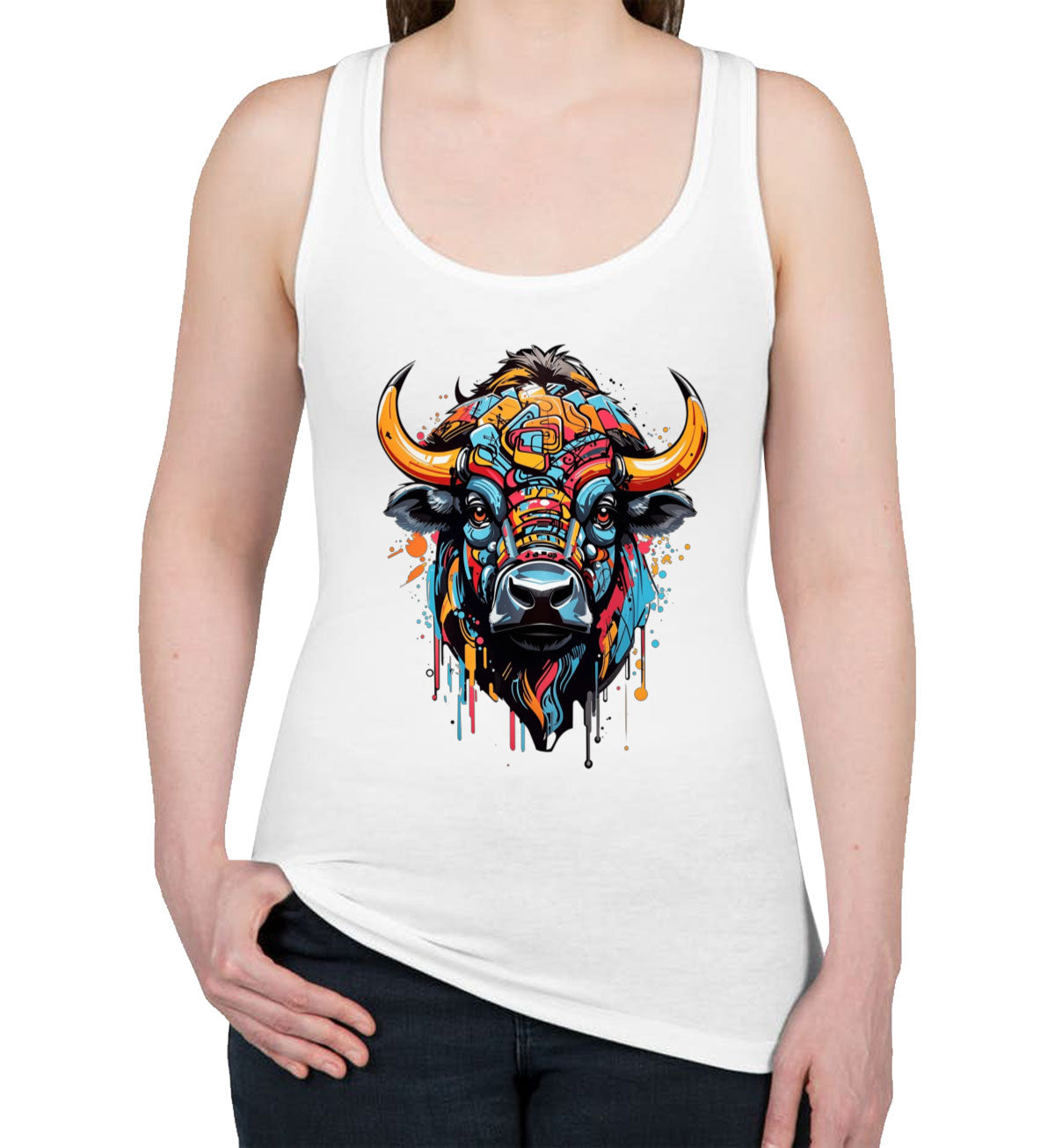 Illustration Colorful Bull head Women's Racerback Tank Top