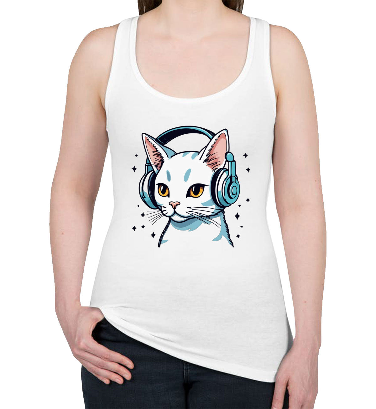 Cool Cat With Headphone Women's Racerback Tank Top