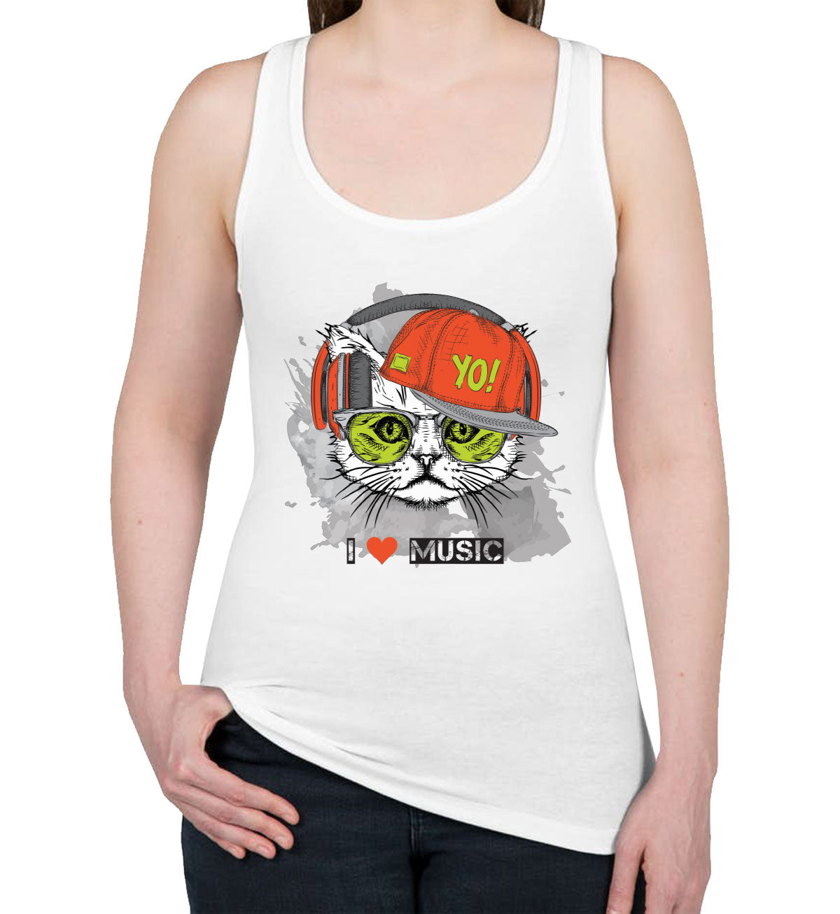 I Love Music Cat With Headphones Women's Racerback Tank Top