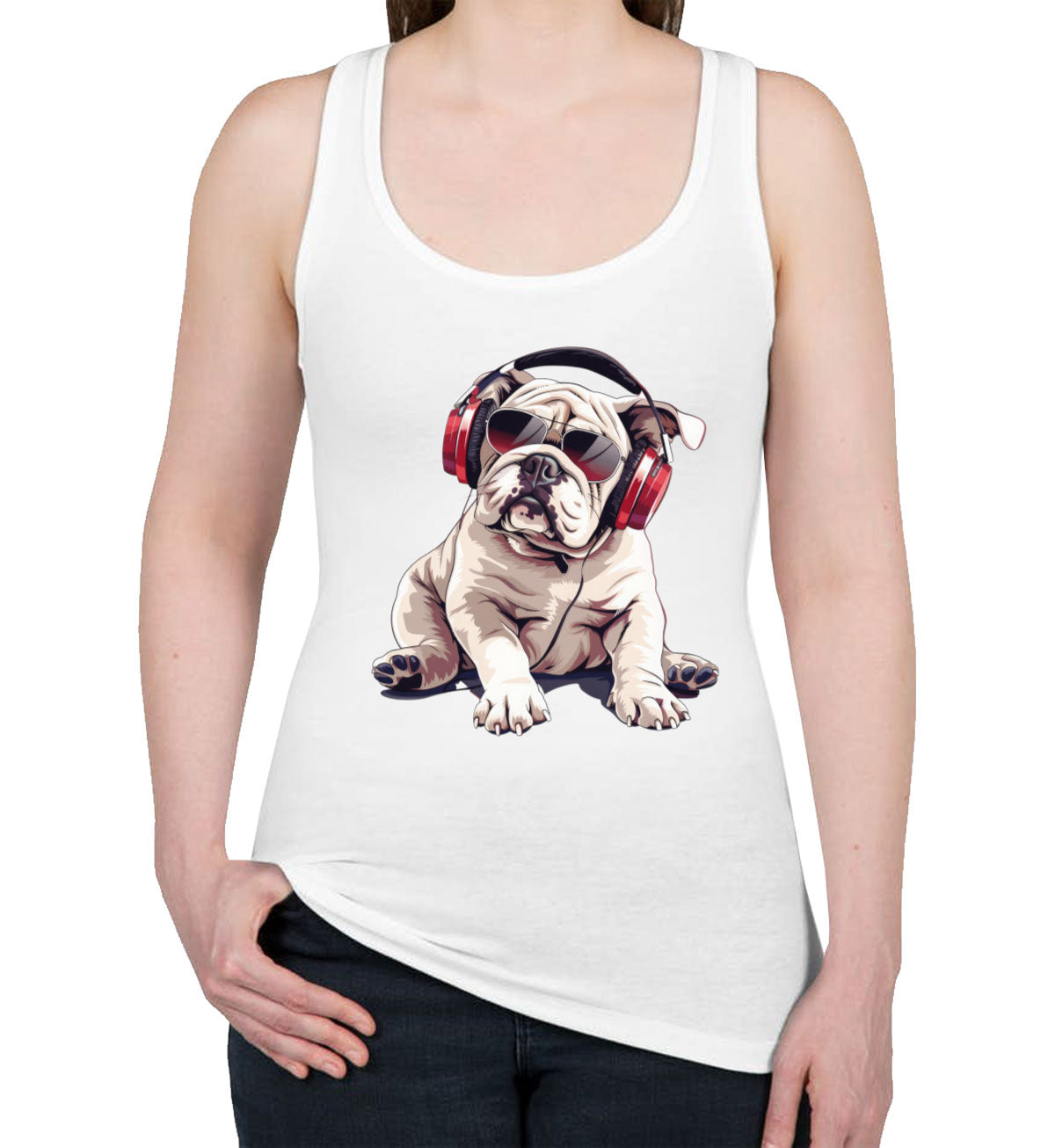 Cool Bulldog With Headphone And Sunglasses Women's Racerback Tank Top