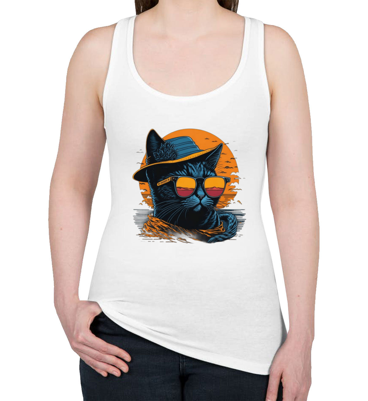 Cool Cat With Hat And Sunglasses Women's Racerback Tank Top