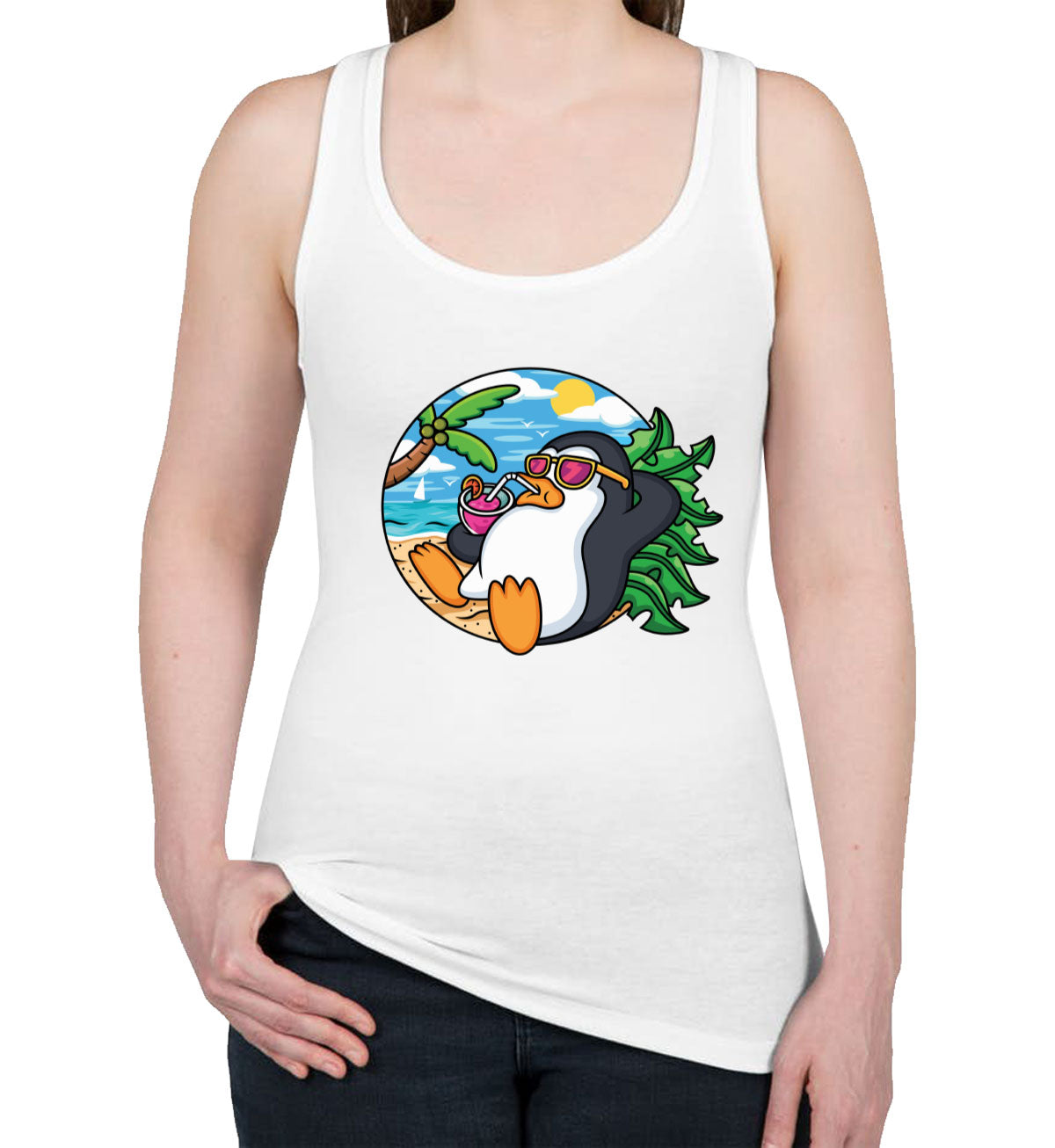 Cartoon Penguin On Vacation Women's Racerback Tank Top