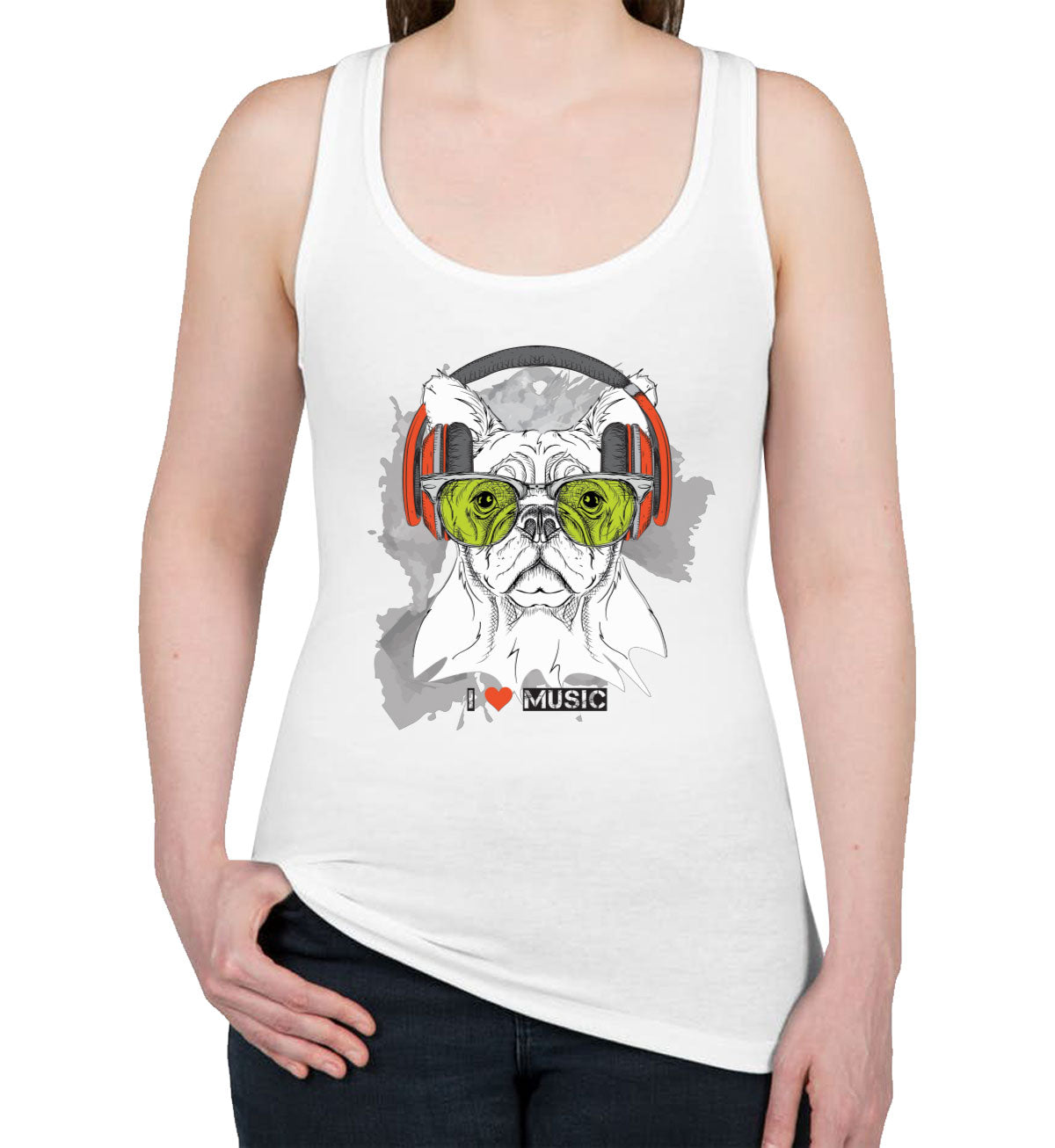 I Love Music Dog With Headphones Women's Racerback Tank Top