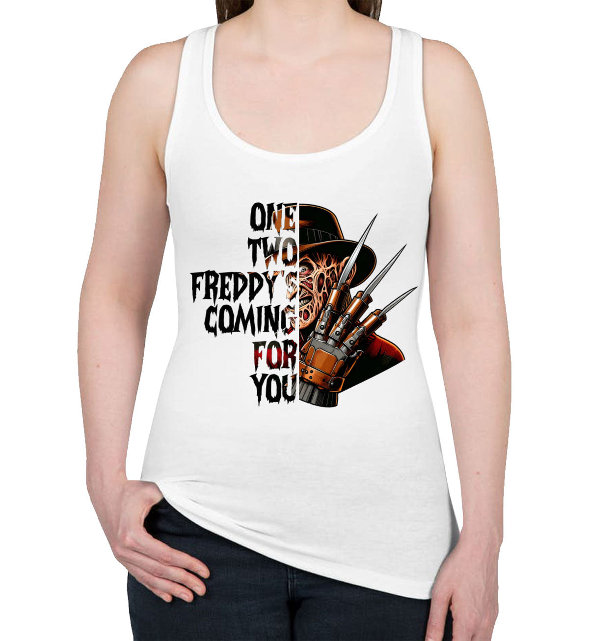One Two Freddy's Coming For You Halloween Women's Racerback Tank Top