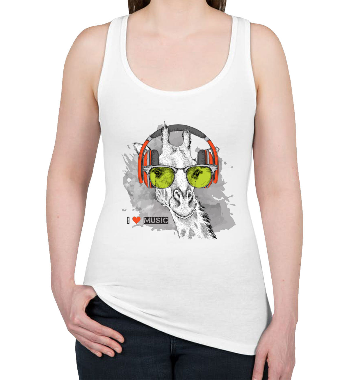 I Love Music Giraffe With Headphones Women's Racerback Tank Top