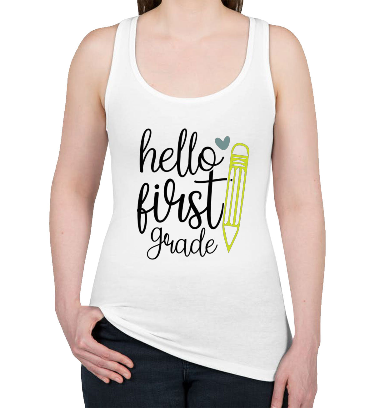 Hello First Grade Teacher Women's Racerback Tank Top