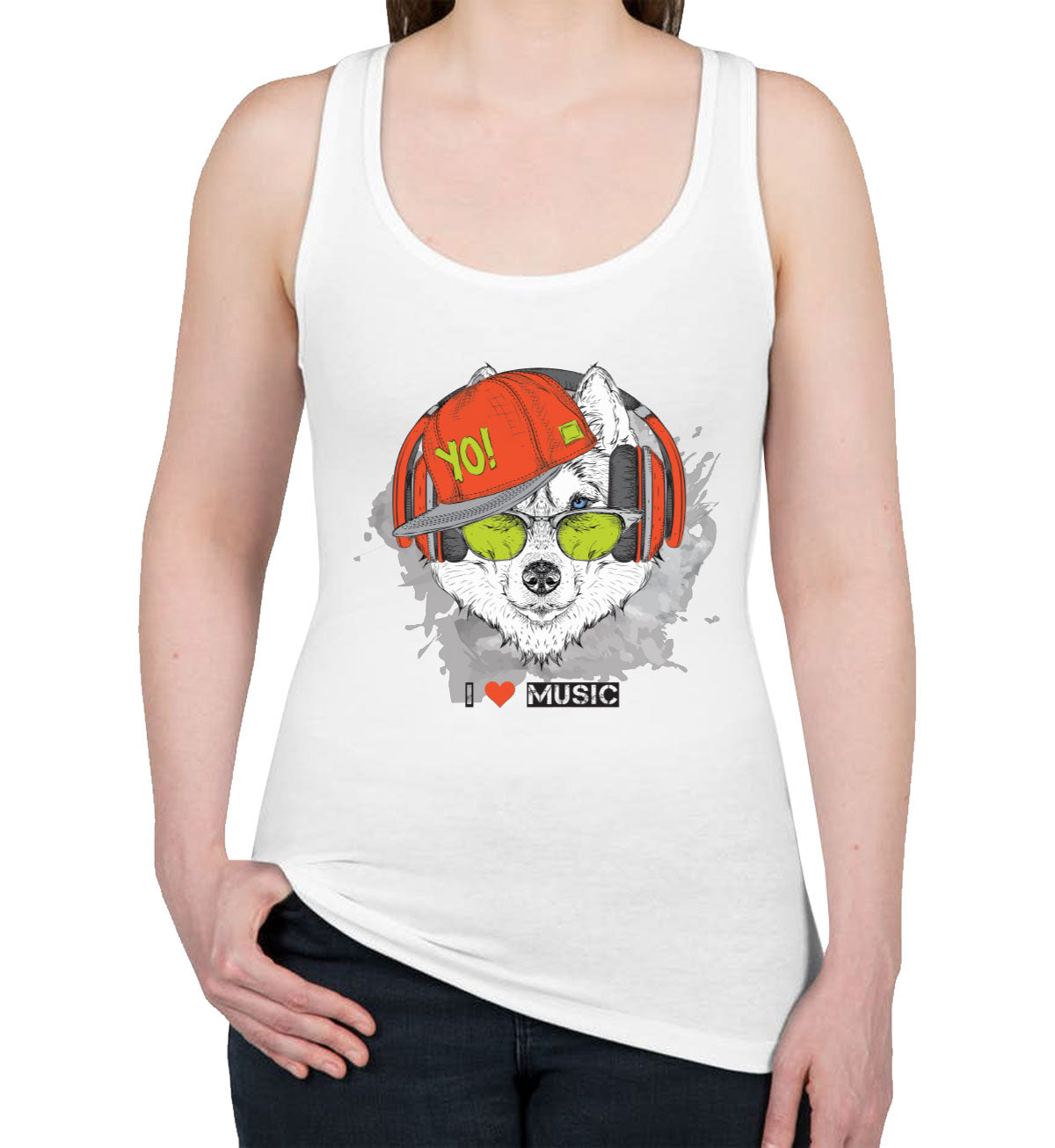 I Love Music Husky With Headphones Women's Racerback Tank Top