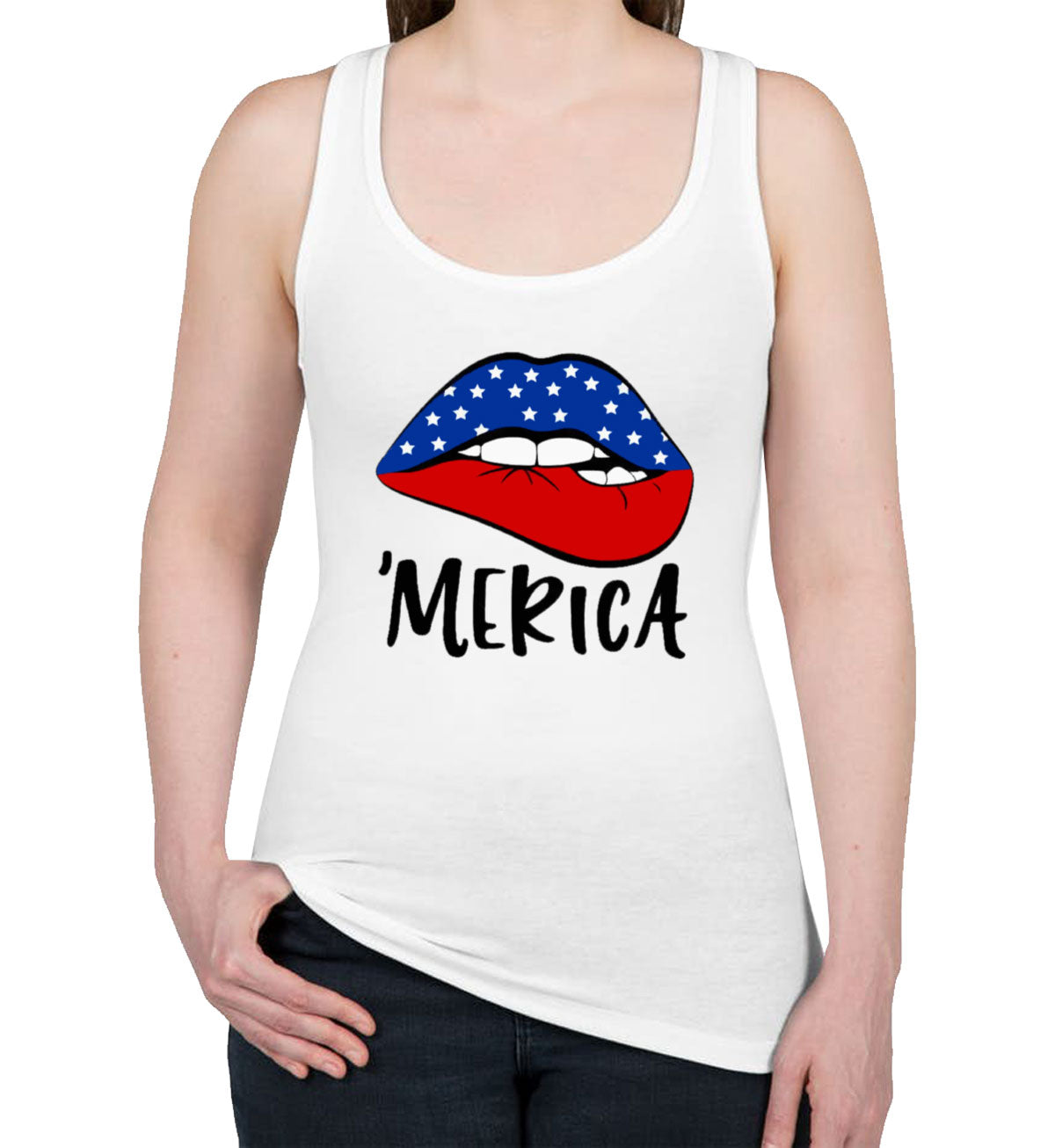 Lipstick Merica American Flag Patriotic Women's Racerback Tank Top