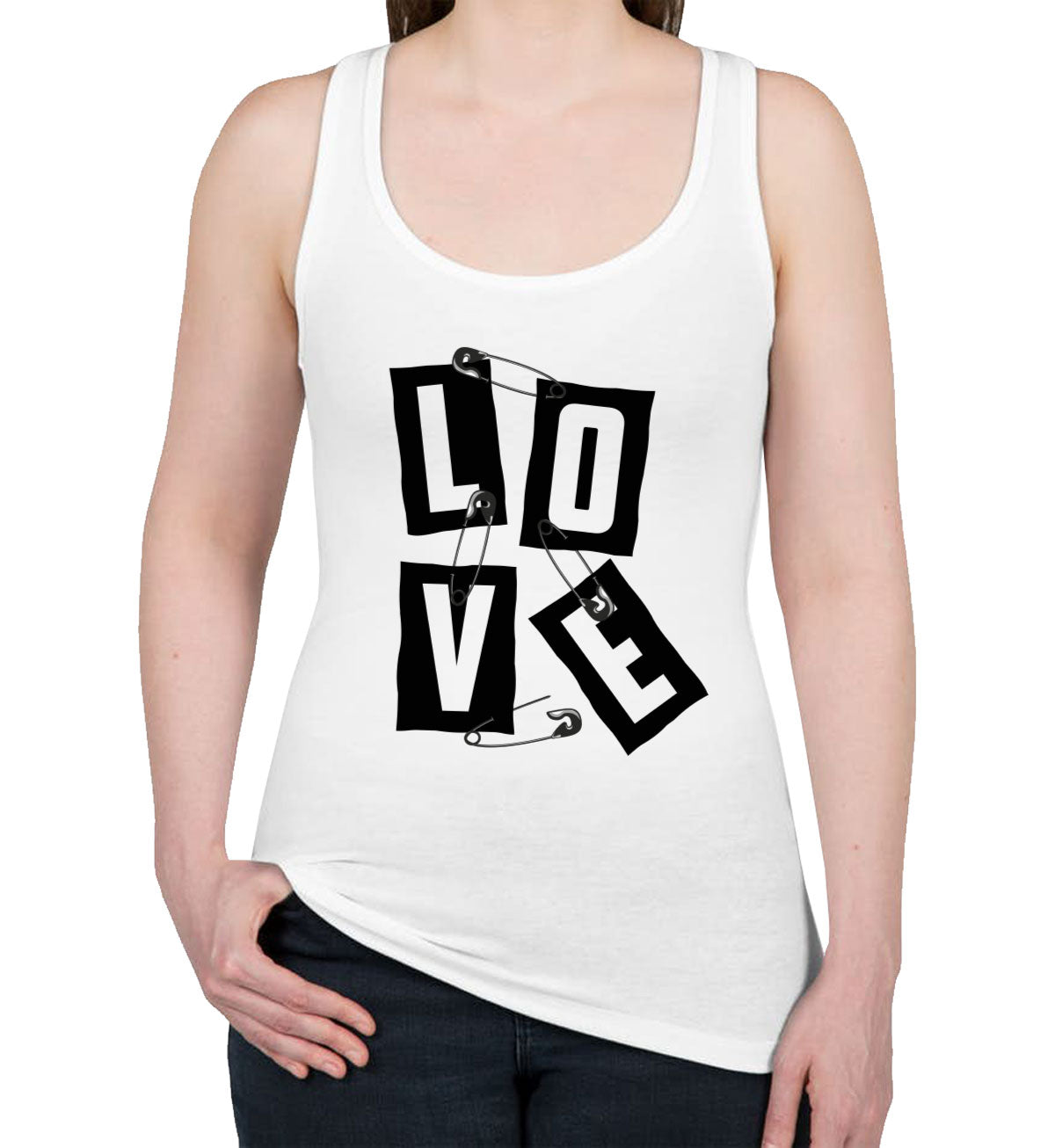 Love Slogan On Ripped Paper And Secured By Safety Pin Women's Racerback Tank Top