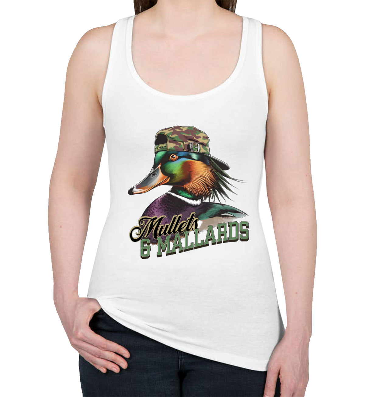 Mullets And Mallards Duck Hunting Women's Racerback Tank Top
