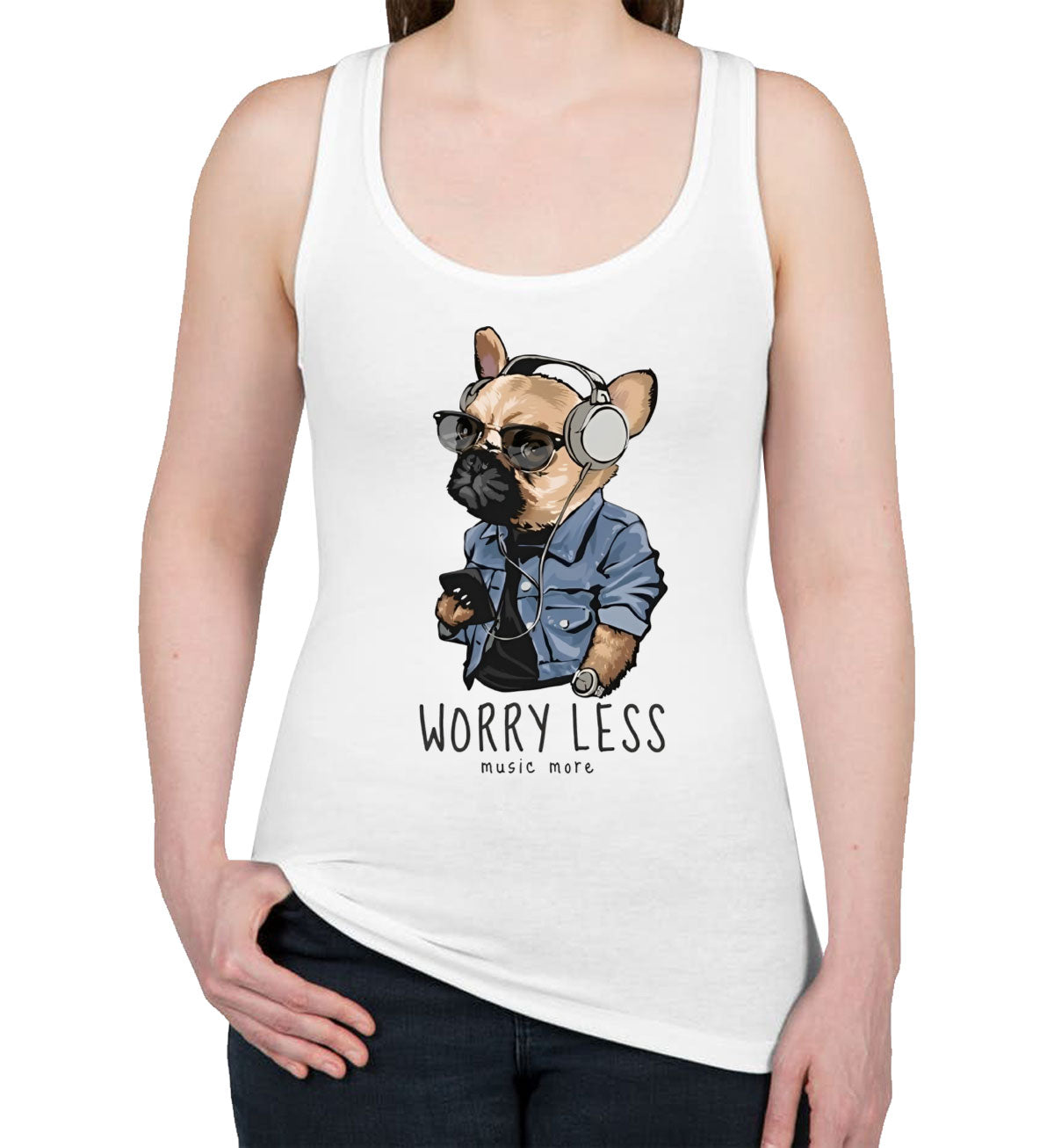 Worry Less Music More Pug Dog Women's Racerback Tank Top