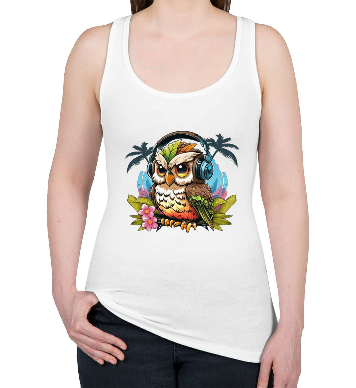 Owl Wearing Headphone Women's Racerback Tank Top