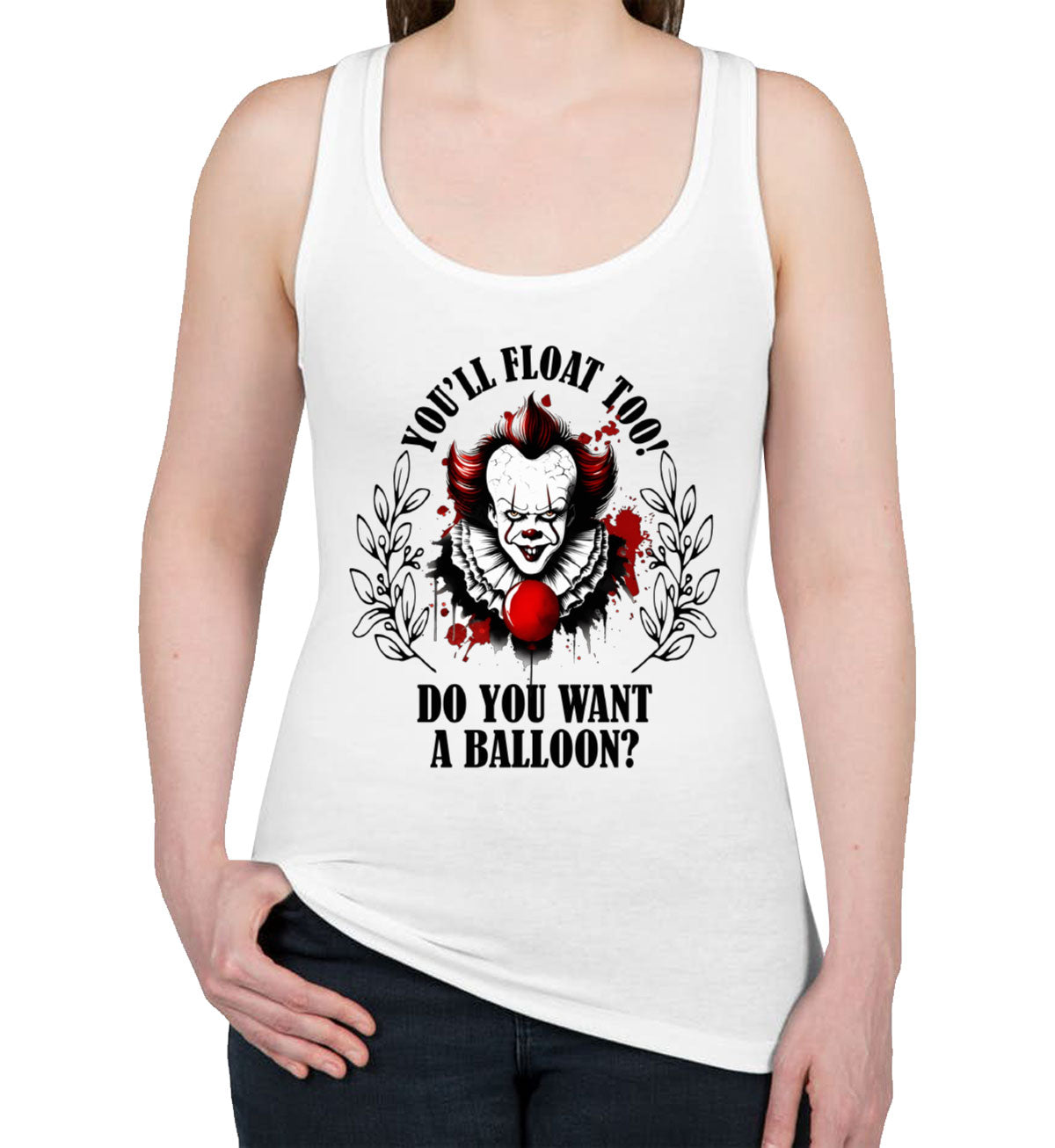 Pennywise You'll Float Too Do You Want A Balloon? Halloween Women's Racerback Tank Top