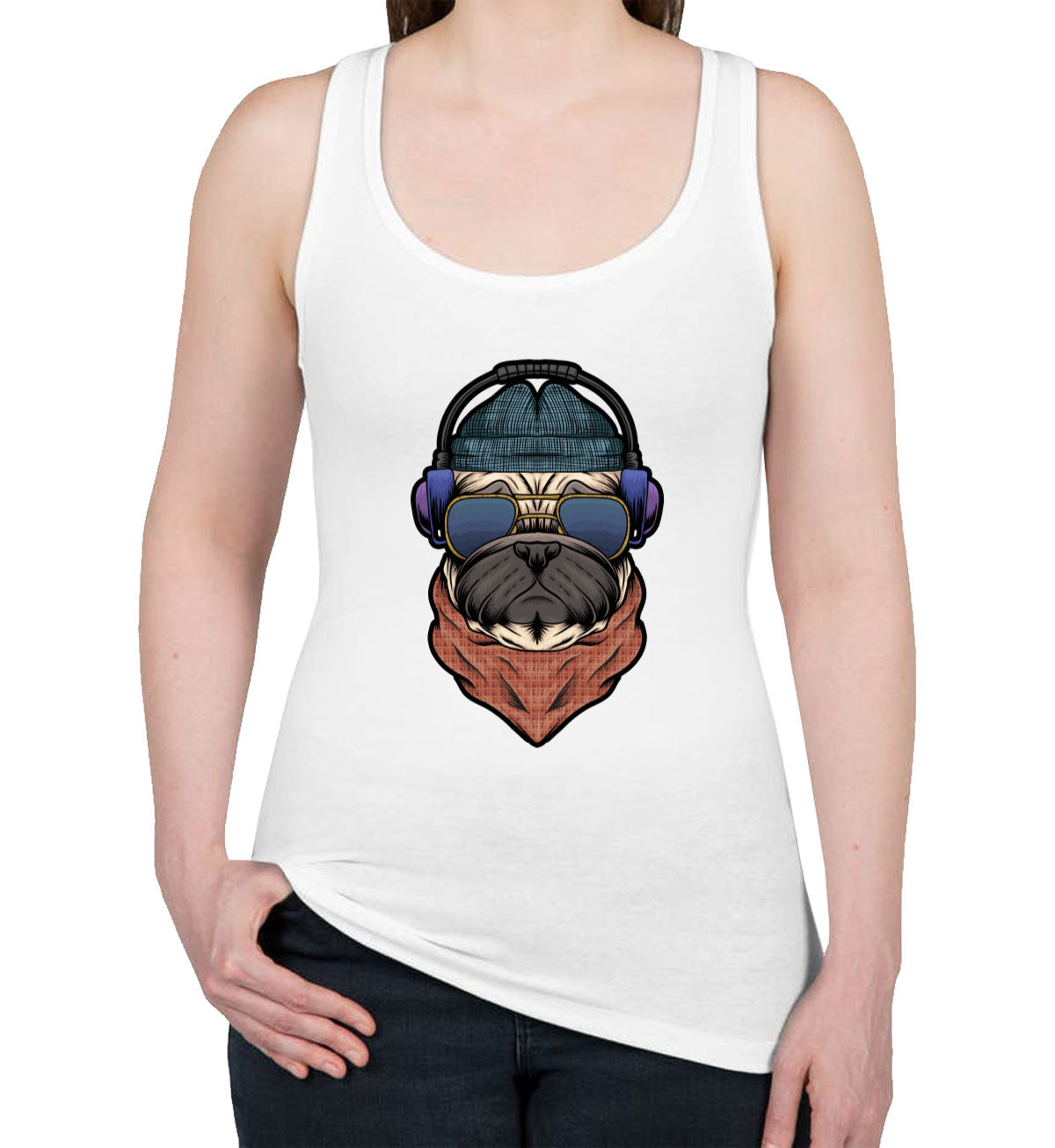 Pug Dog With Headphone Women's Racerback Tank Top