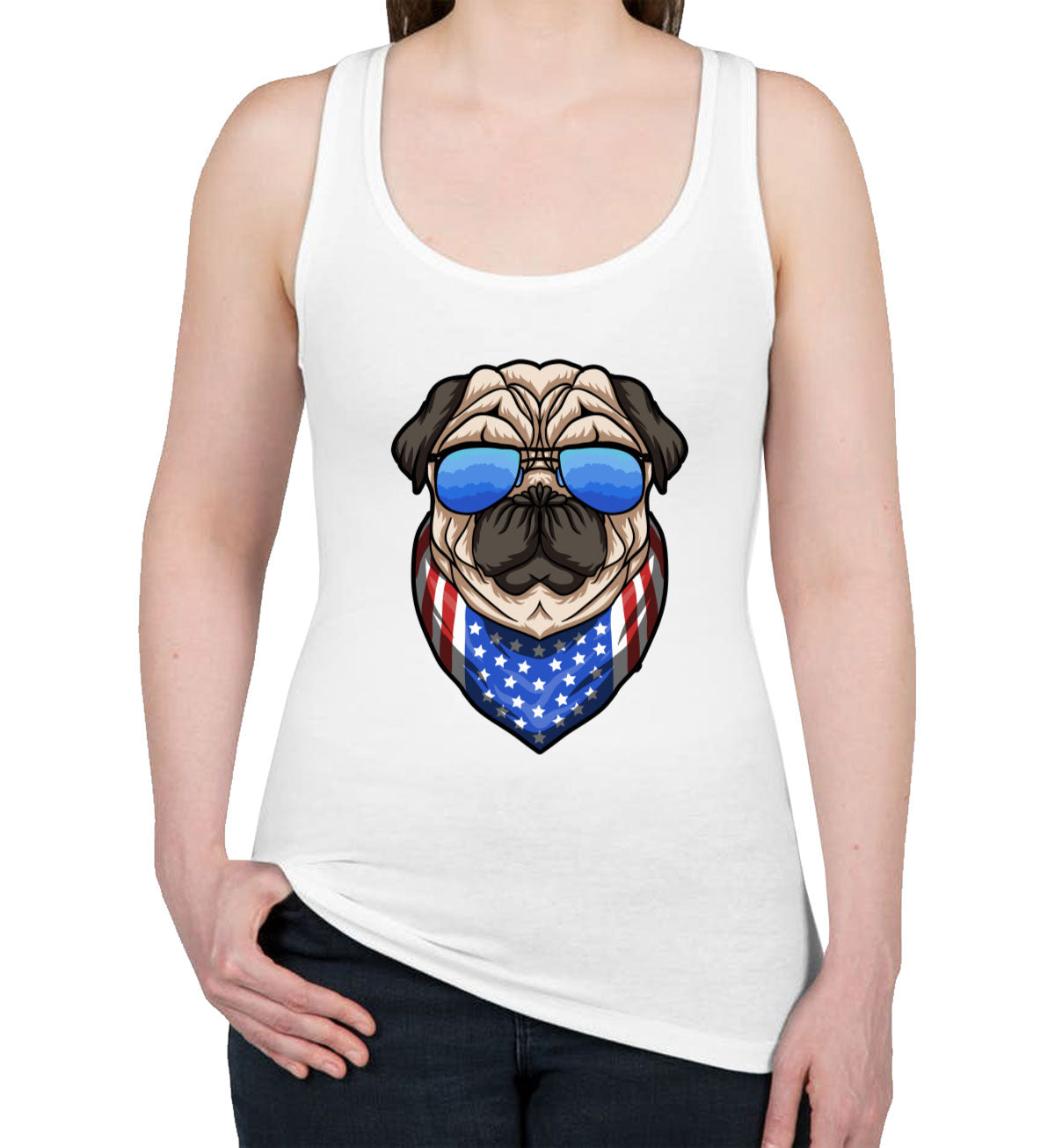 Pug Dog With Sunglasses And Bandana Women's Racerback Tank Top