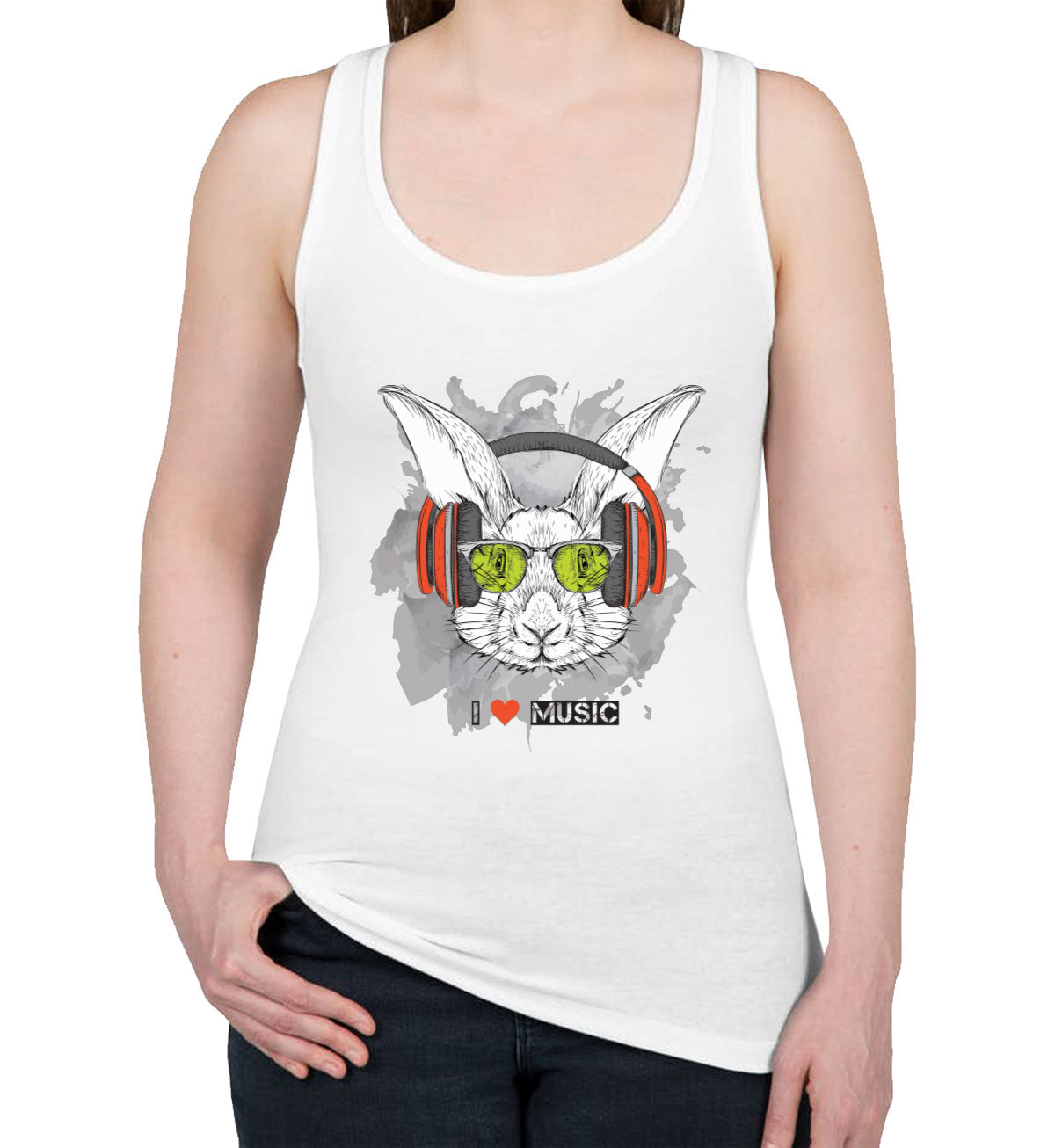 I Love Music Rabbit With Headphones Women's Racerback Tank Top