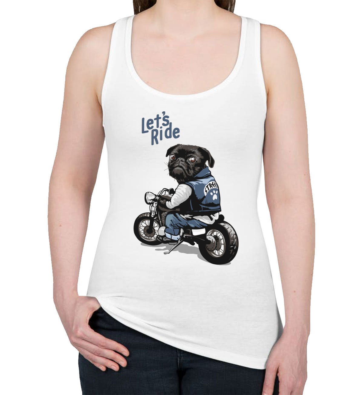 Pug Dog Riding Motorcycle Women's Racerback Tank Top